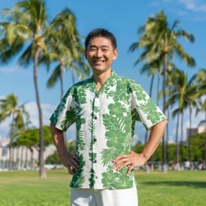 RCA1Gハイビスカス 大人用 アロハシャツ/グリーン