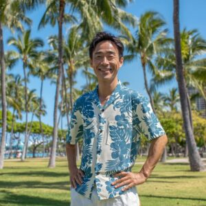 RCA1Bハイビスカス 大人用 アロハシャツ/ブルー